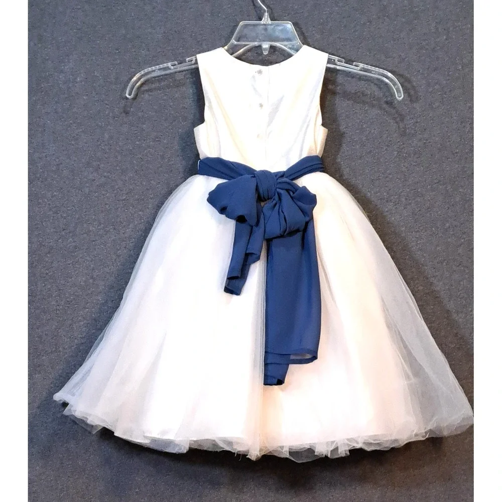 Davids Bridal Kids Ivory Tulle Ball Gown Dress Navy Blue Sash‎ Bow Size 2 - Picture 2 of 6